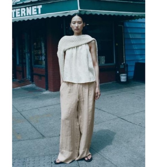 NWT Zara Two Piece Linen Halter Top and Palazzo Wide Leg Pants in sand/neutral - Picture 11 of 14
